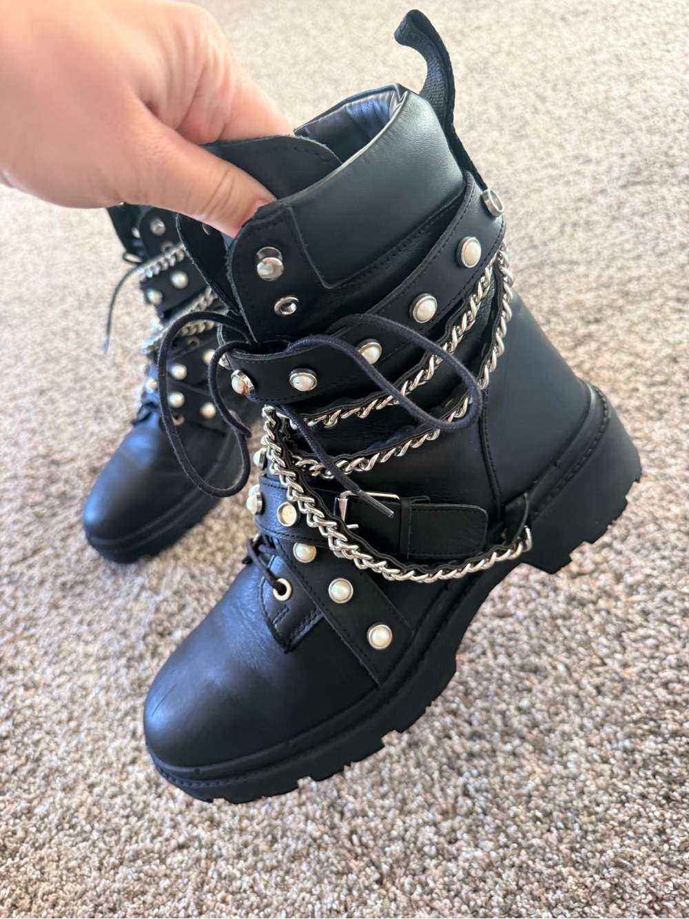 Studded Black Leather Combat Boots with Chain Accents